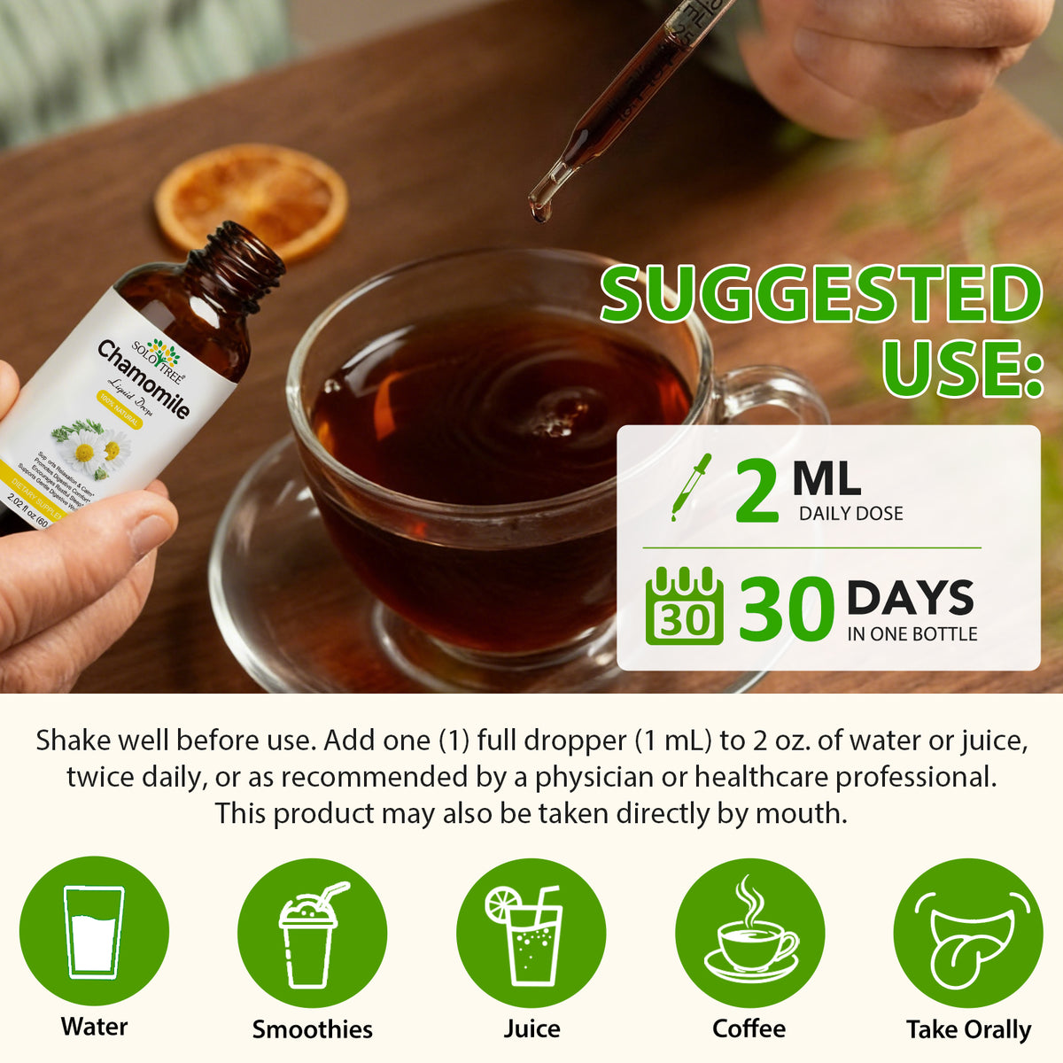 Chamomile Liquid Drops 100% Natural 2.02 fl oz 60 mL Dietary Supplement for Relaxation Calm Digestive Comfort Restful Sleep