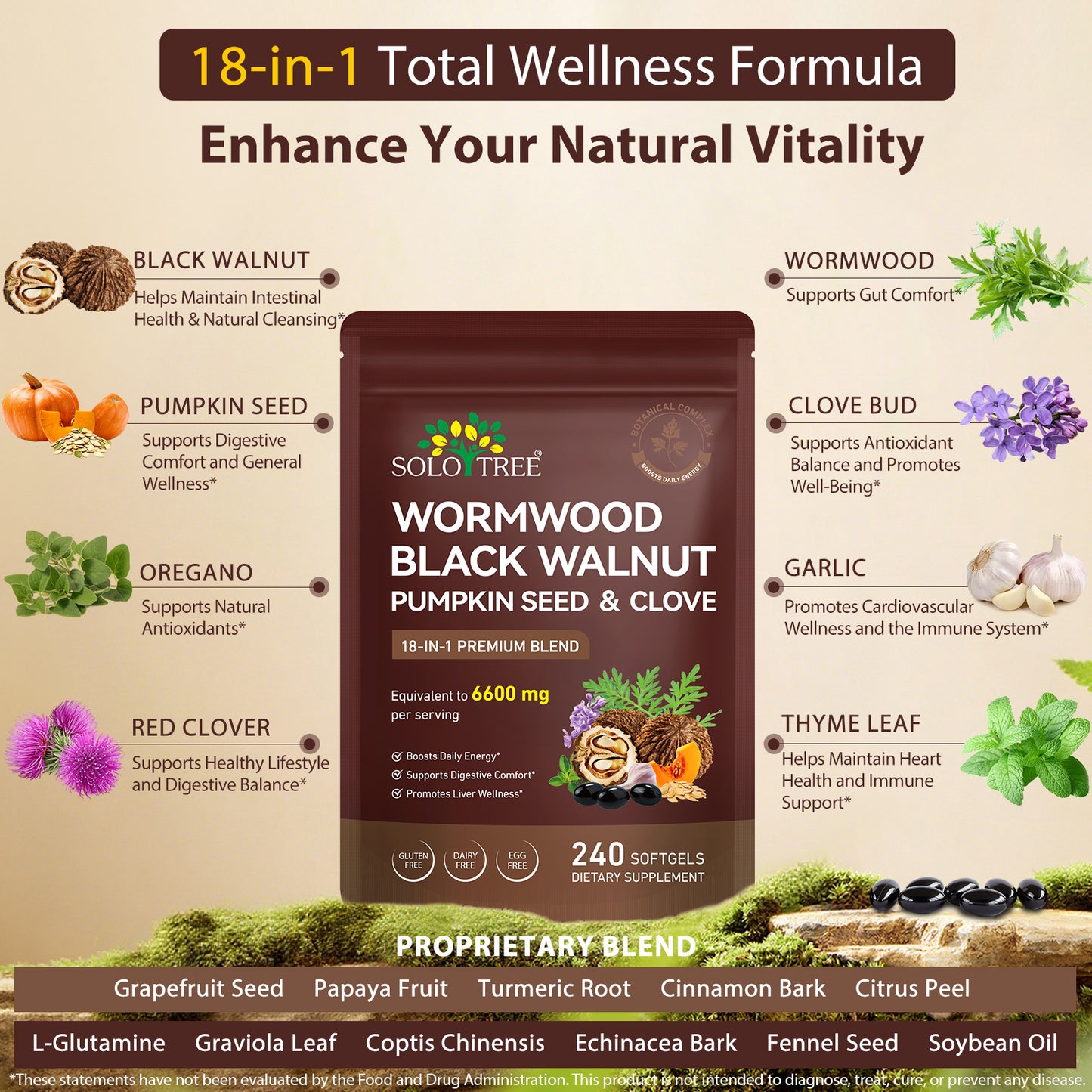 Wormwood Black Walnut Clove Cleanse for Humans, 6600mg Serving,18-in-1 Premium Herbal Blend Capsules, Supports Cleanse & Digestive Health, 240 Softgels