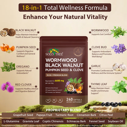 Wormwood Black Walnut Clove Cleanse for Humans, 6600mg Serving,18-in-1 Premium Herbal Blend Capsules, Supports Cleanse & Digestive Health, 240 Softgels