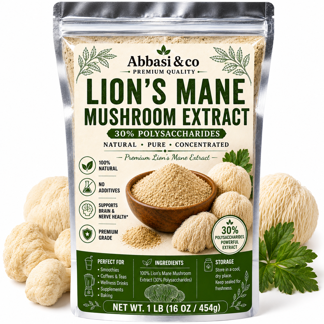 1LB Lion's Mane Mushroom Extract 30% Polysaccharides Natural Pure Concentrated Pure Fruiting Body Superfood | Supports Brain, Focus, Energy & Immune Health | Great for Smoothies & Coffee | FillerPremium Grade