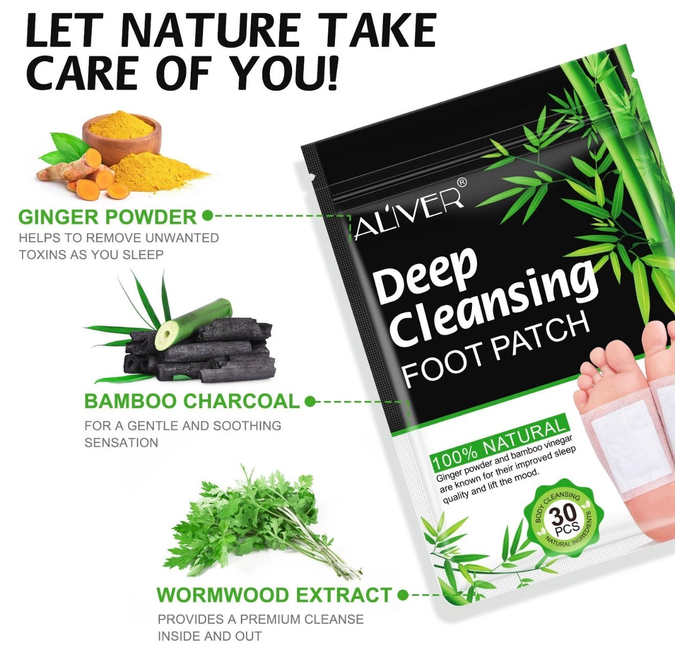 30PCS Deep Cleansing Foot Pads Adhesive Sheets for Foot and Body Care Natural Ginger Powder Bamboo Vinegar Foot Patches for Cold Feet and Odor Reduction