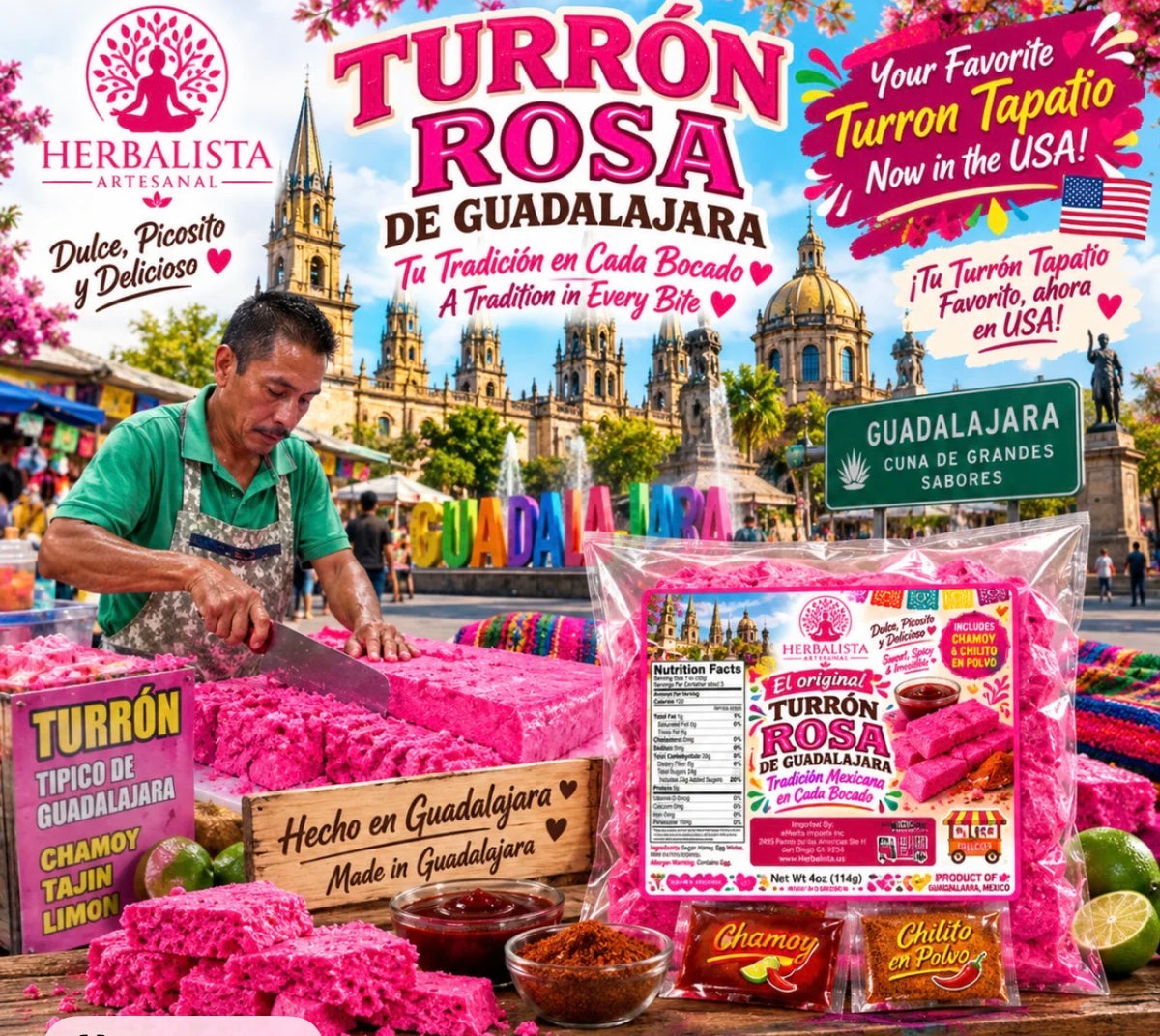 Turron Rosa de Guadalajara Jalisco 4 oz (114 g) – Authentic Mexican Pink Turrón Candy with Chamoy & Chile en Polvo – Dulce Tapatío Estilo Tradicional – Mexican Candy Snack