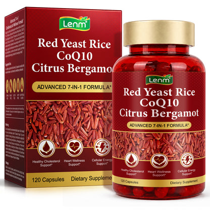 Red Yeast Rice CoQ10 Citrus Bergamot Advanced 7-in-1 Formula 120 Capsules for Healthy Cholesterol Heart Wellness & Cellular Energy Support