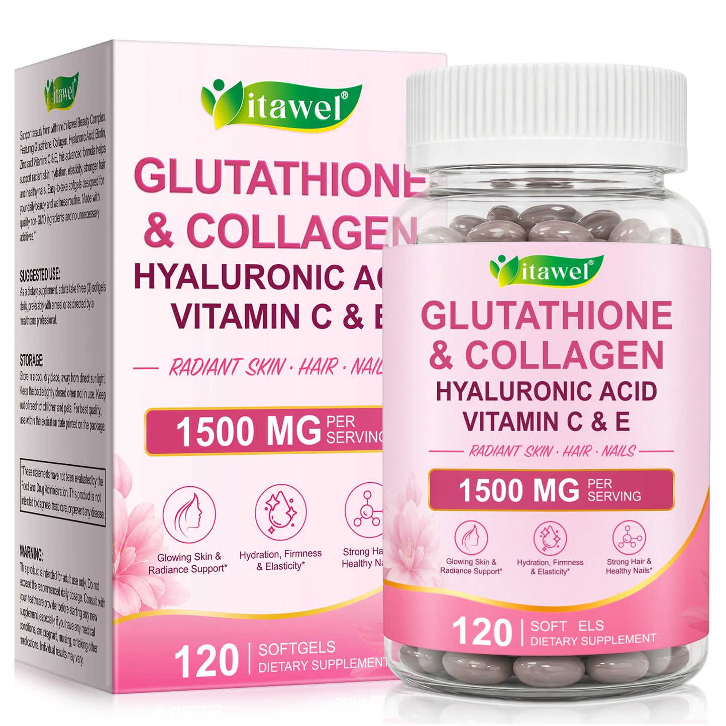 Glutathione & Collagen Hyaluronic Acid Vitamin C E 1500 MG Per Serving 120 Soft Gels for Radiant Skin Hair Nails