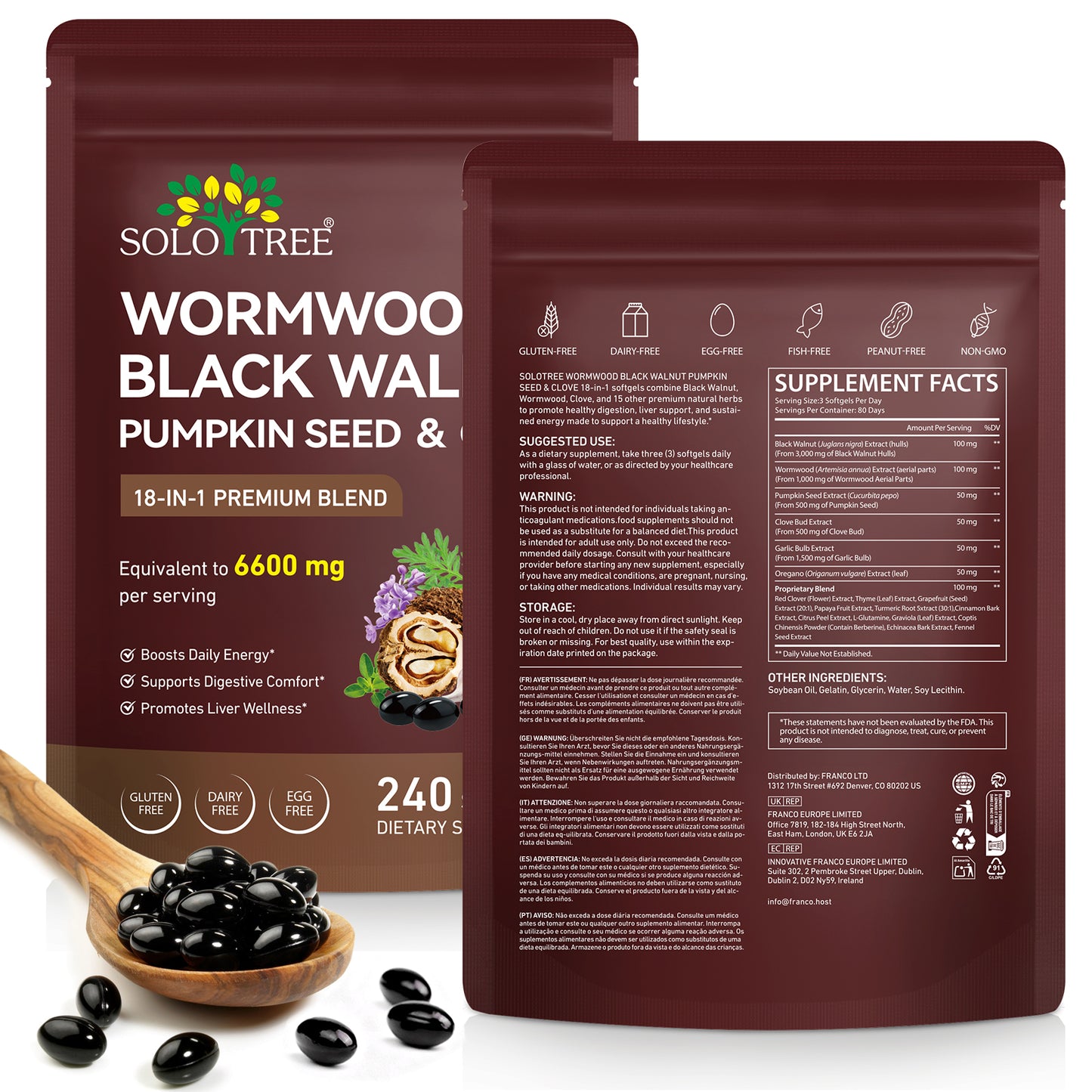 Wormwood Black Walnut Clove Cleanse for Humans, 6600mg Serving,18-in-1 Premium Herbal Blend Capsules, Supports Cleanse & Digestive Health, 240 Softgels