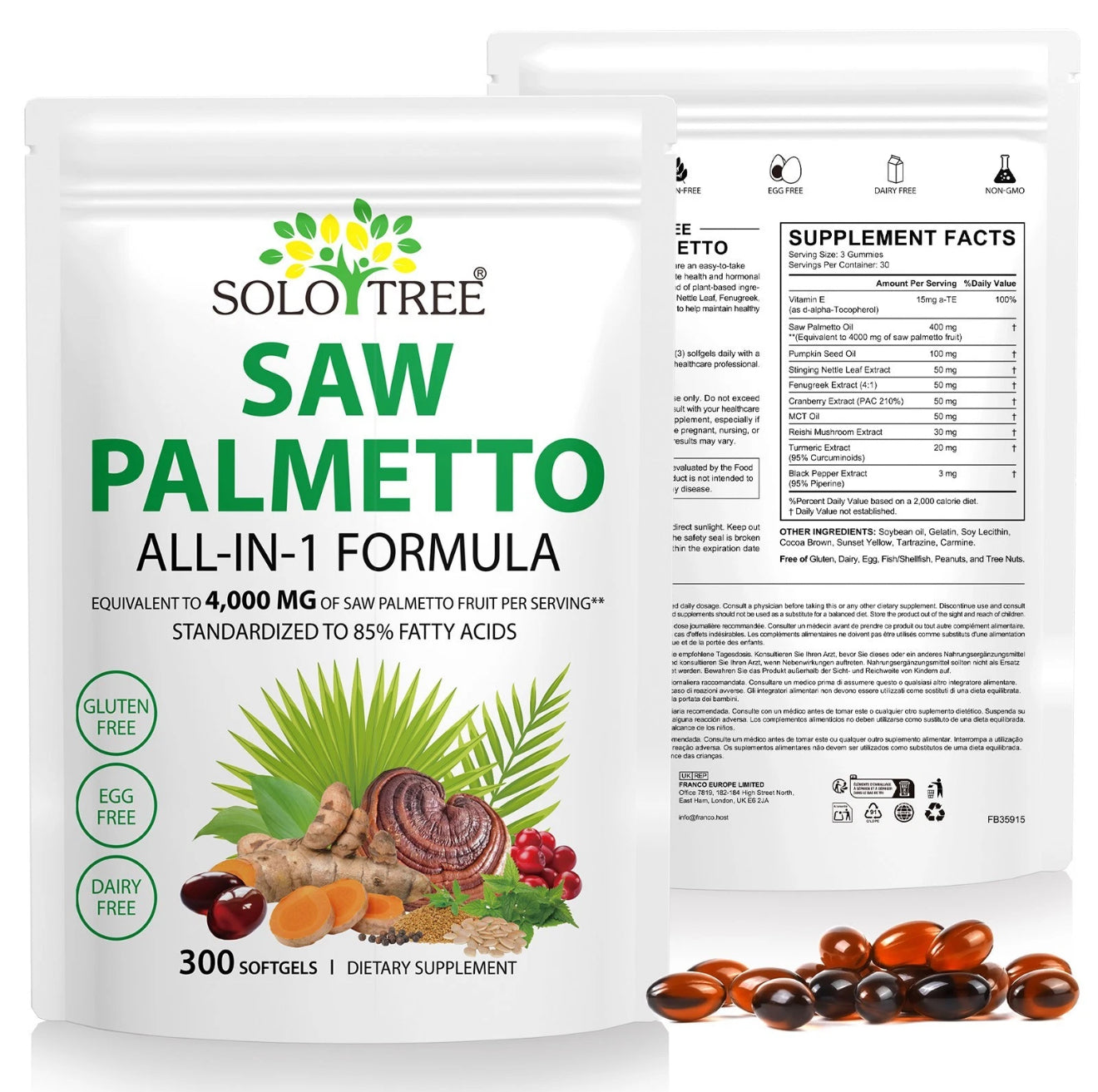 Saw Palmetto for Men | 300 Softgels | 4,000 MG Equivalent | 85% Fatty Acids Standardized | Gluten-Free, Dairy-Free, Egg-Free