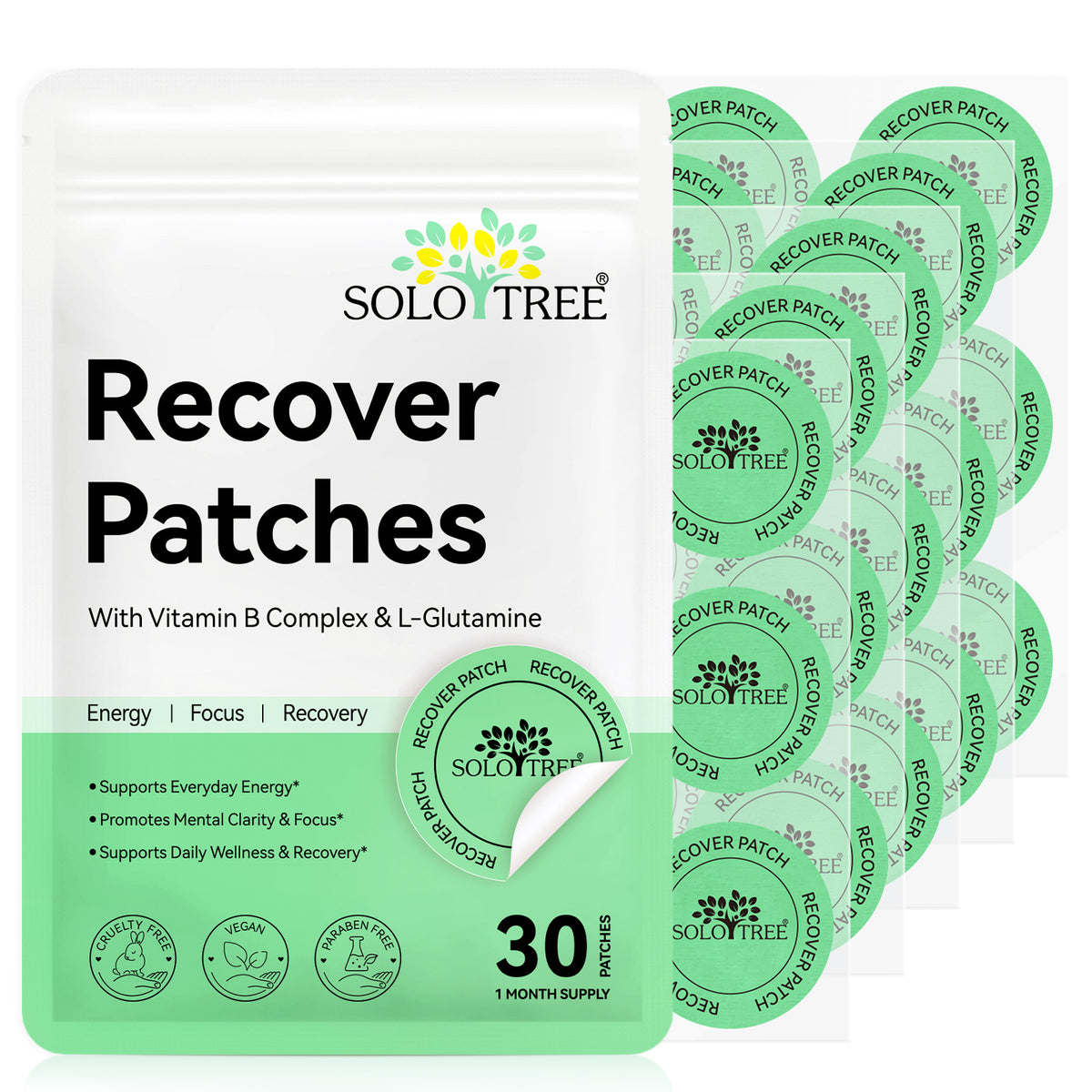 Recover Patches with Vitamin B Complex & L-Glutamine for Energy Focus and Recovery 30 Patches 1 Month Supply