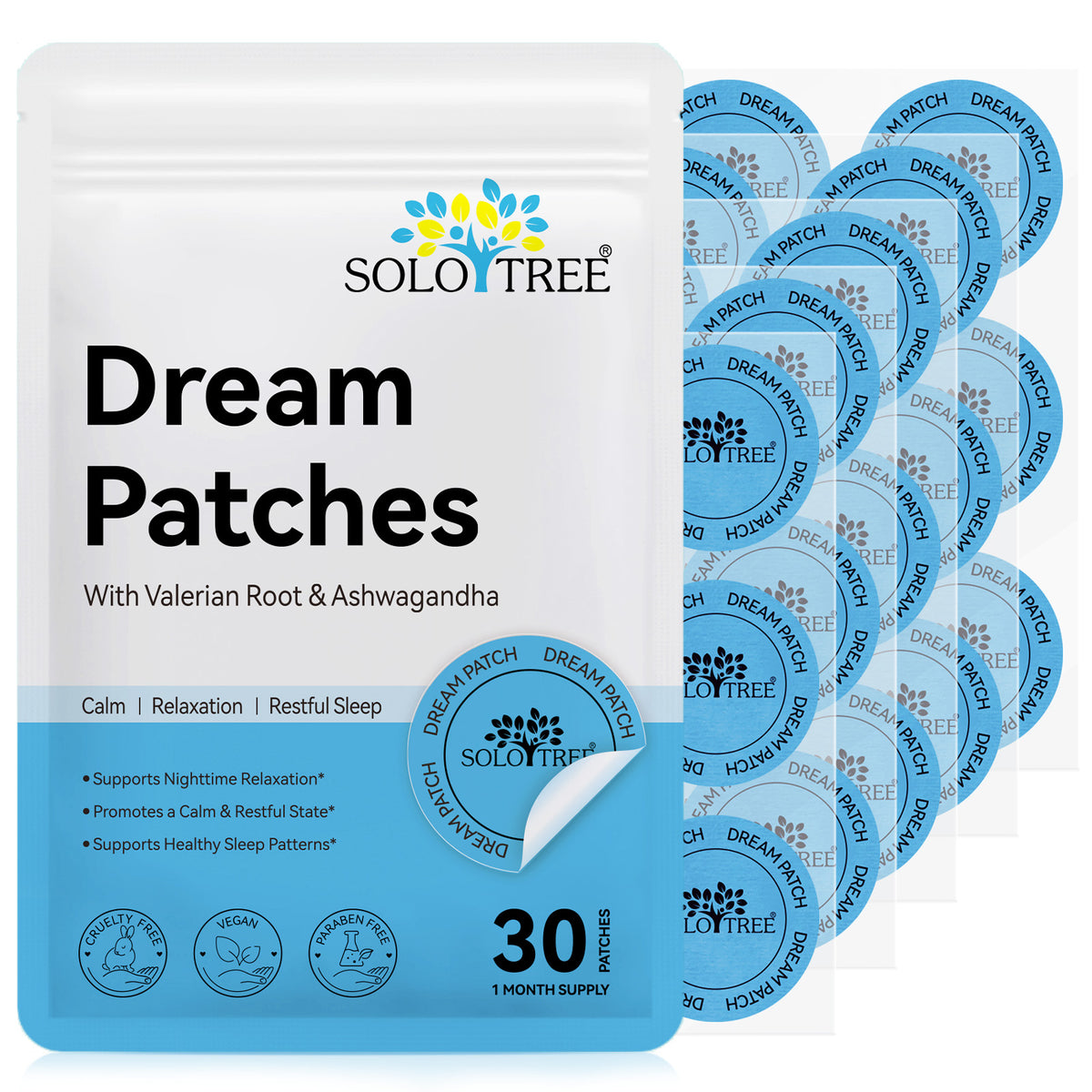 Dream Patches with Valerian Root & Ashwagandha for Calm Relaxation and Restful Sleep 30 Patches 1 Month Supply