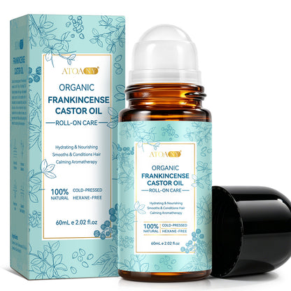 Organic Frankincense Castor Oil Roll-On Care 60mL 100% Cold-Pressed Hexane-Free Hydrating Nourishing Smooths Conditions Hair Calming Aromatherapy