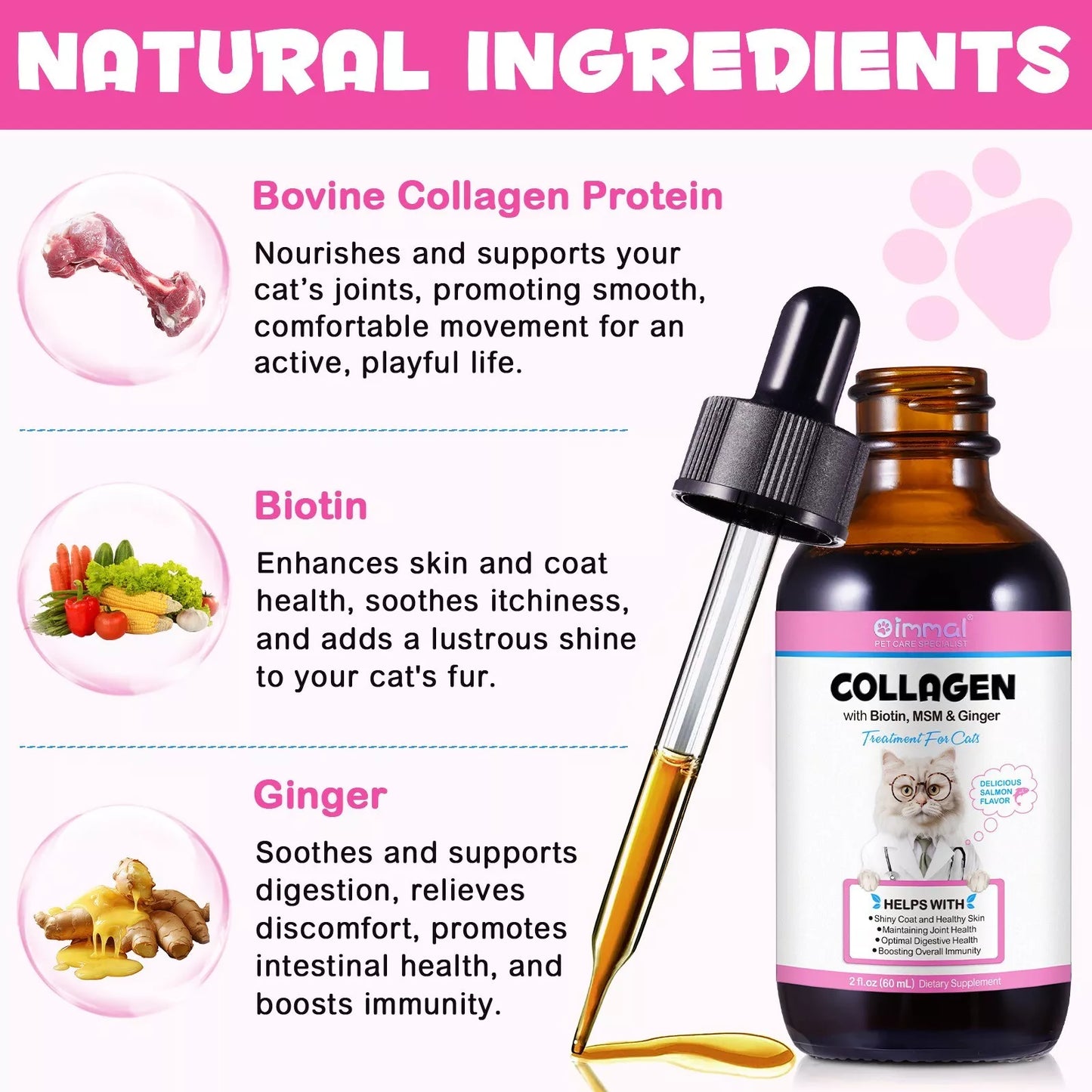 Liquid Collagen for Cats - Hip and Joint Support with MSM, Ginger - Boost Immuni