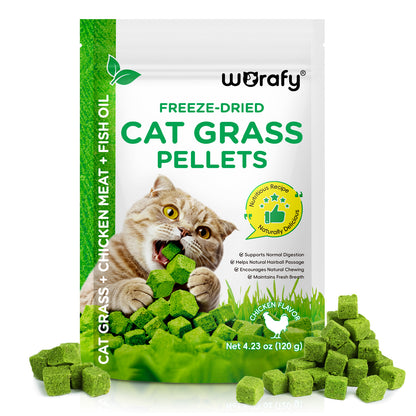 Cat Grass Treats, Freeze-Dried Cat Grass Pellets for Cats | Natural Hairball Control, Digestive Support & Dental Care | Chicken & Fish Oil Recipe | No Artificial Additives
