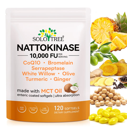 Nattokinase Supplement 10,000 FU, 7-in-1 Formula with CoQ10, Bromelain,Turmeric, Ginger, Olive Leaf &amp; White Willow Bark, MCT Oil Softgels for Bioavailability, 120 Softgels, Non-GMO
