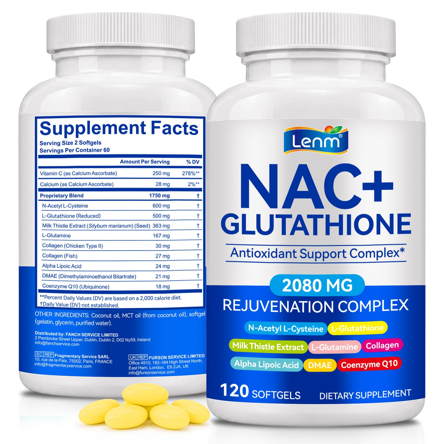NAC+ Glutathione 2080 MG Antioxidant Support Complex 120 Softgels with N-Acetyl L-Cysteine, Milk Thistle Extract , Collegen, Alpha Lipoic Acid