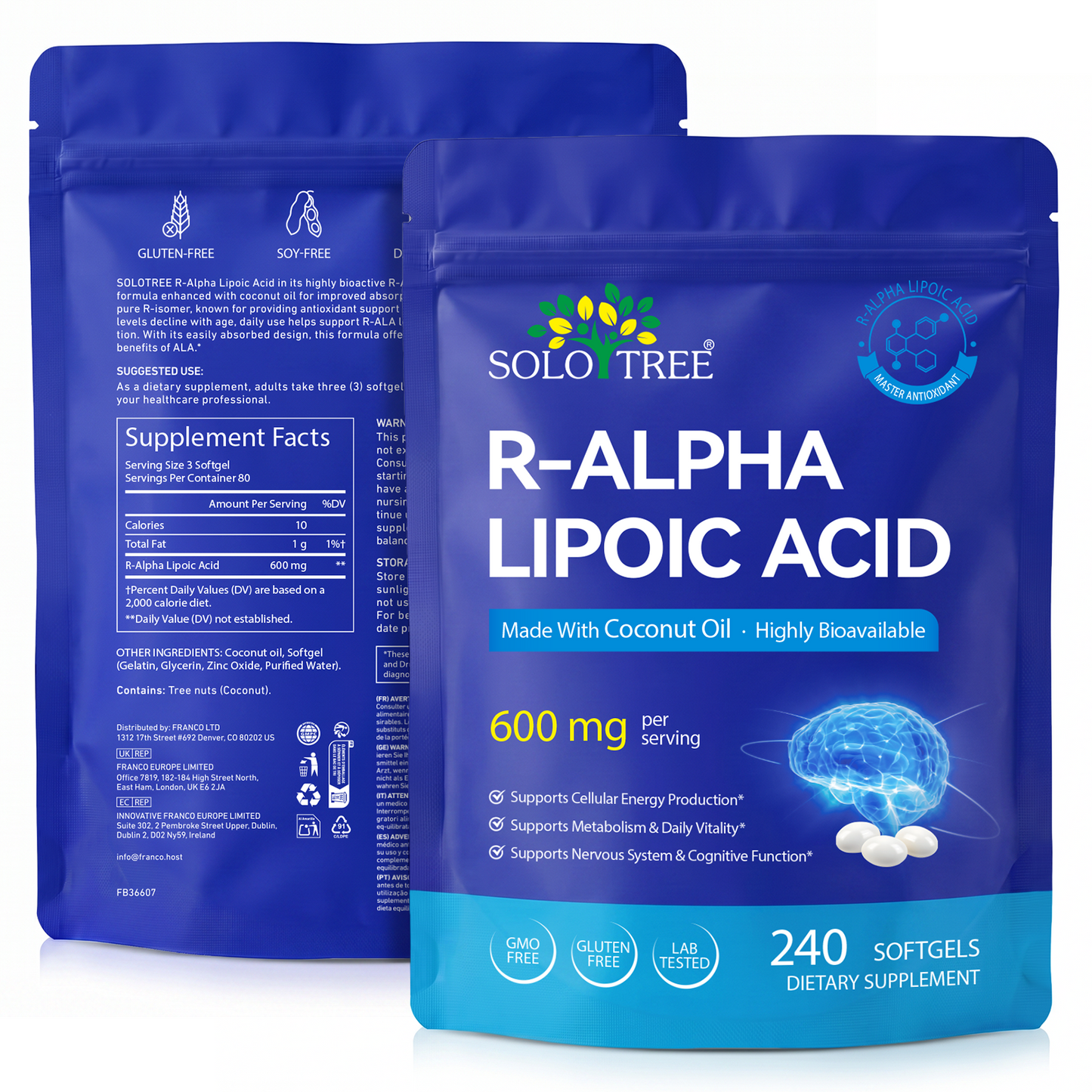 R-Alpha Lipoic Acid 600mg | 240 Softgels | Neuropathy Supplements with Active B-Vitamins, Magnesium Glycinate & Herbal Extract Blend | Support Nervous System Health | Non-GMO, Gluten-Free