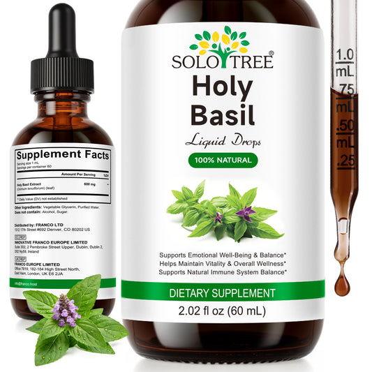 Holy Basil Liquid Drops 100% Natural 2.02 fl oz 60 mL Dietary Supplement for Emotional Well-Being & Balance