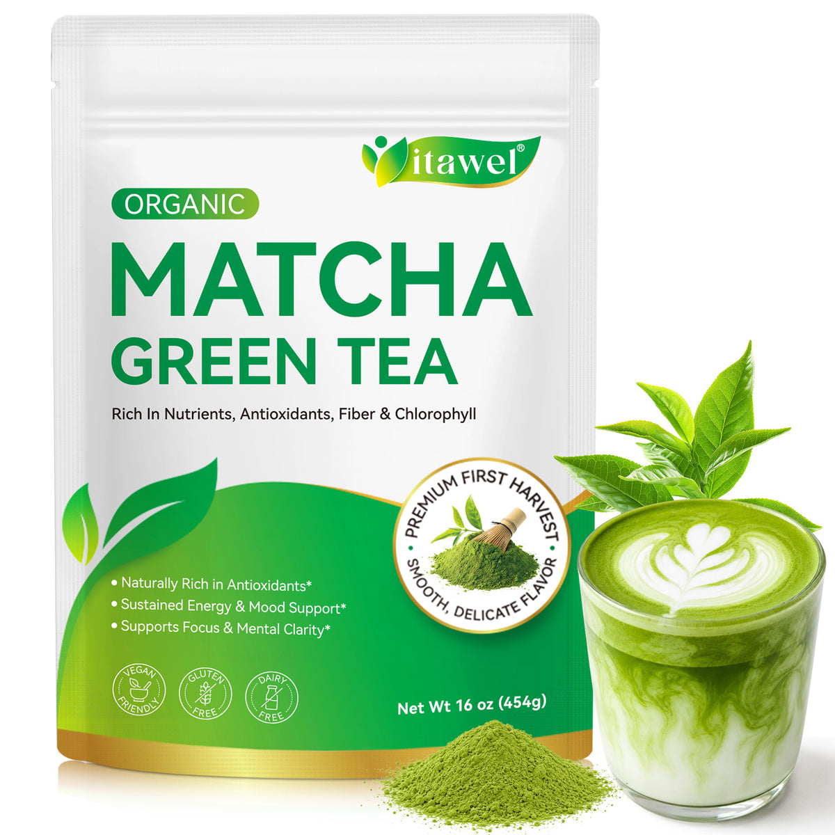1LB Organic Matcha Green Tea - Rich in Nutrients Antioxidants Fiber & Chlorophyll - 16 oz (454g) - Premium First Harvest - Smooth Delicate Flavor