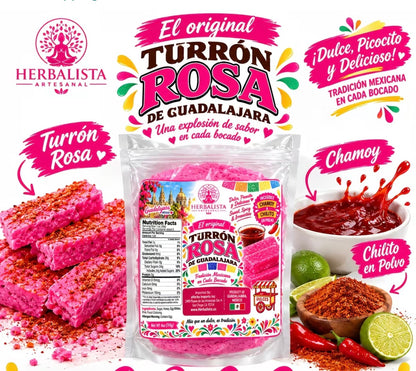 Turron Rosa de Guadalajara Jalisco 4 oz (114 g) – Authentic Mexican Pink Turrón Candy with Chamoy & Chile en Polvo – Dulce Tapatío Estilo Tradicional – Mexican Candy Snack