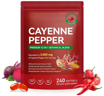 Cayenne Pepper Softgels Supplement | 12-in-1 3000mg per Serving with Vitamins D3, K2 & E | Supports Healthy Circulation & Daily Energy | Features Hawthorn, Beetroot & Turmeric | 240 Capsules