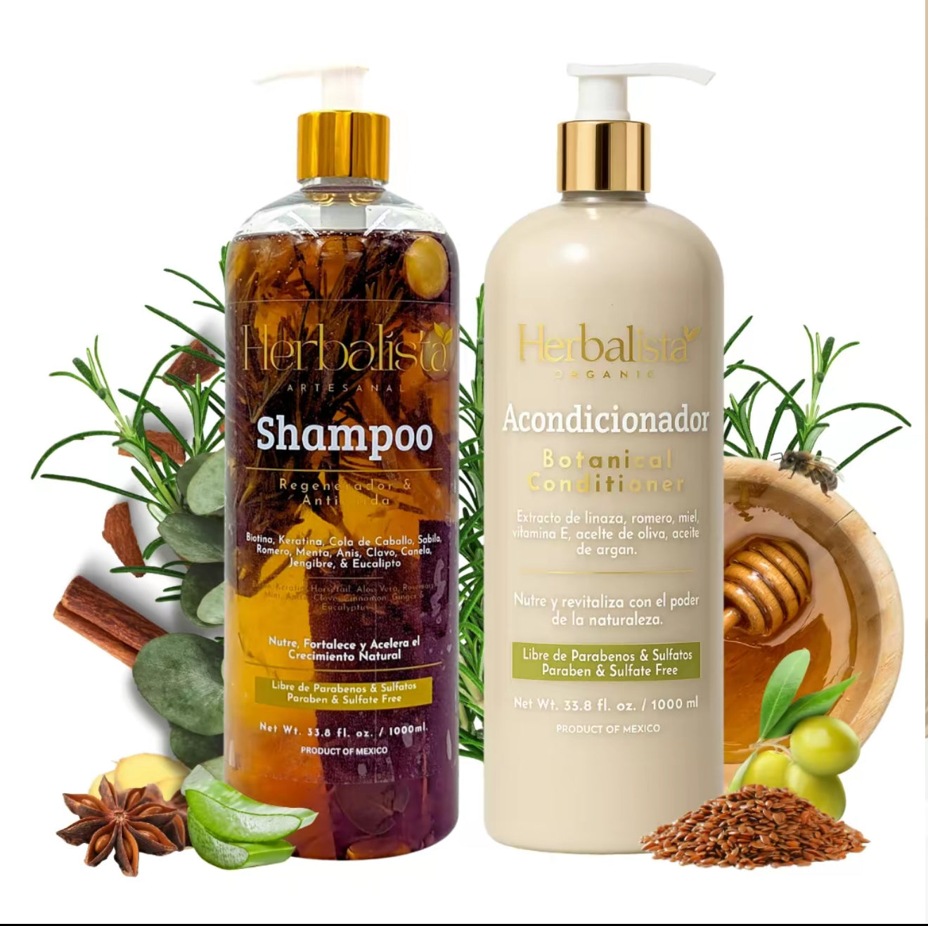 Herbalista Viral New Herbal Shampoo + Conditioner 1,000ML With Real Pieces of Rosemary, Cinnamon, Anise, Clove, Aloe, Ginger, & Eucalyptus - Fortalece, Regenera, Acelera Crecimiento