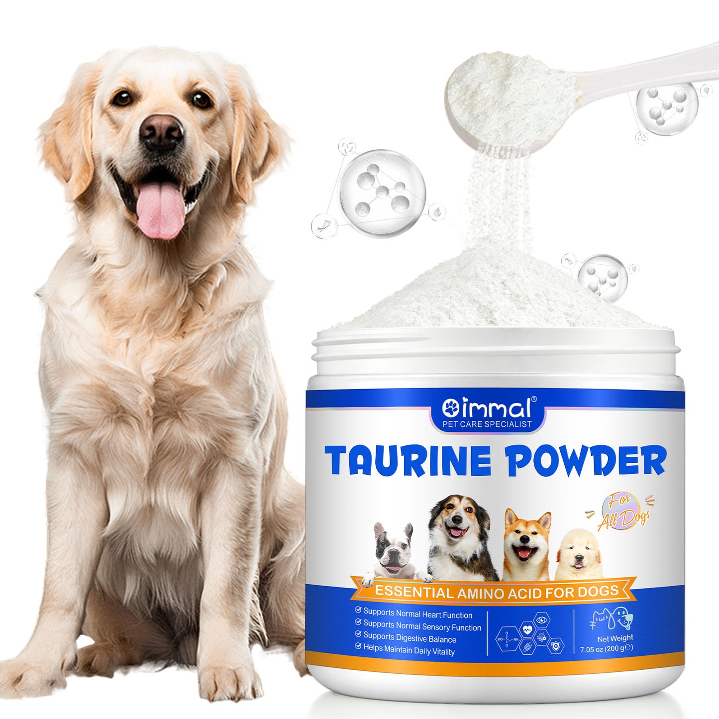 Taurine Powder for Dogs, Pure Taurine Supplement for Heart Function, Vision, Skin & Coat, Daily Energy Support, Easy Mix Unflavored Dog Food Topper with Scoop, 200g