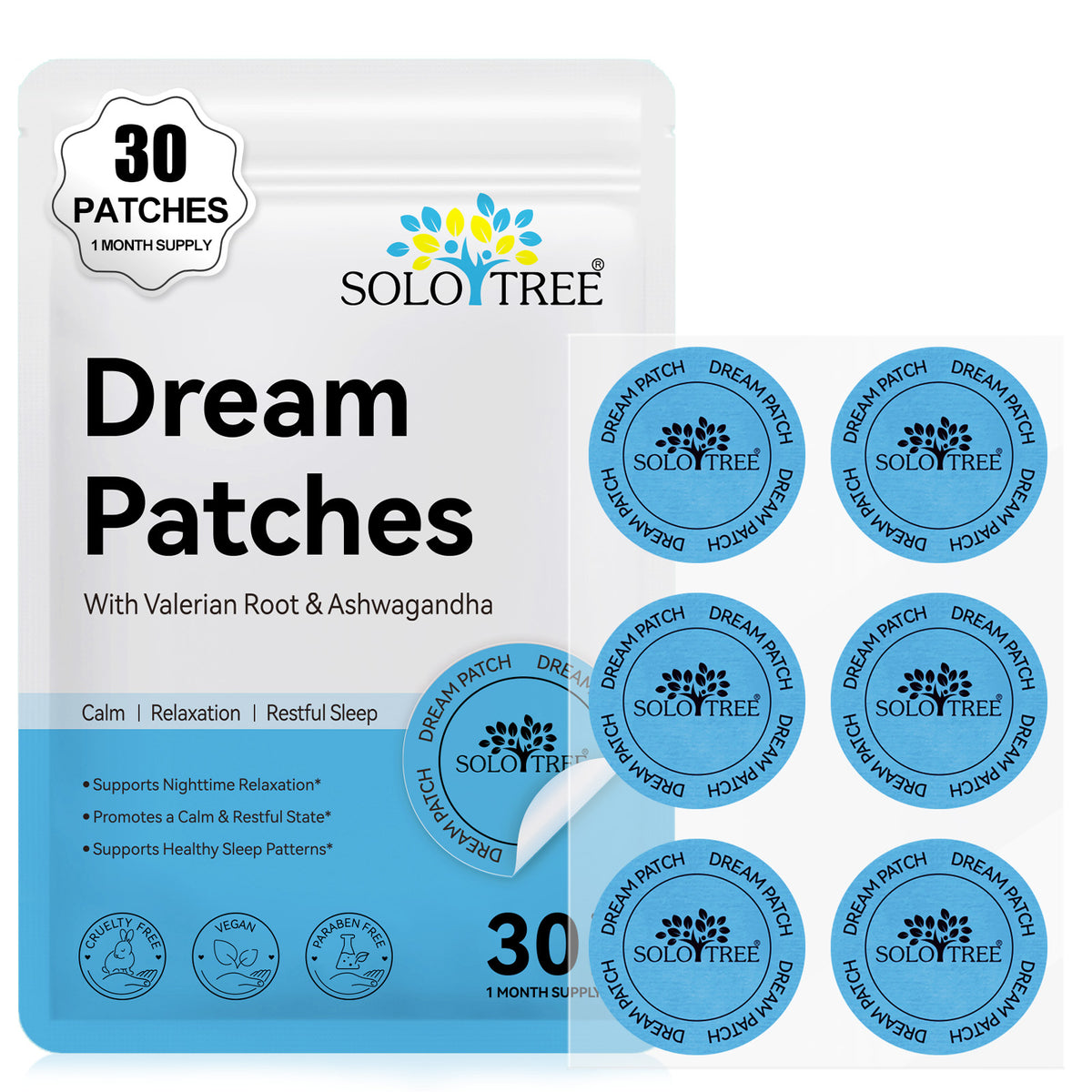 Dream Patches with Valerian Root & Ashwagandha for Calm Relaxation and Restful Sleep 30 Patches 1 Month Supply