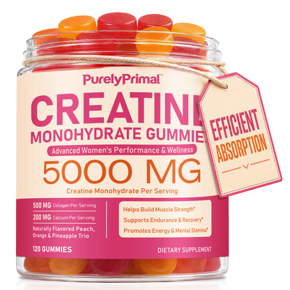 Creatine Monohydrate Gummies 5000 MG for Women's Performance & Wellness 120 Gummies Peach Orange Pineapple Flavor