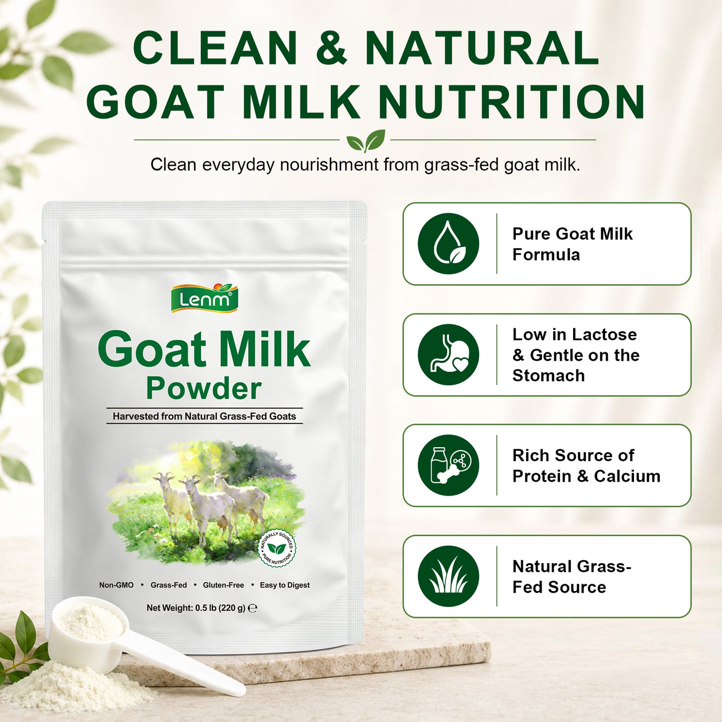 Goat Milk Powder, 100% Grass-Fed Whole Goat Milk, Naturally Contains A2 Protein, Easy to Digest Low Lactose Dairy Alternative