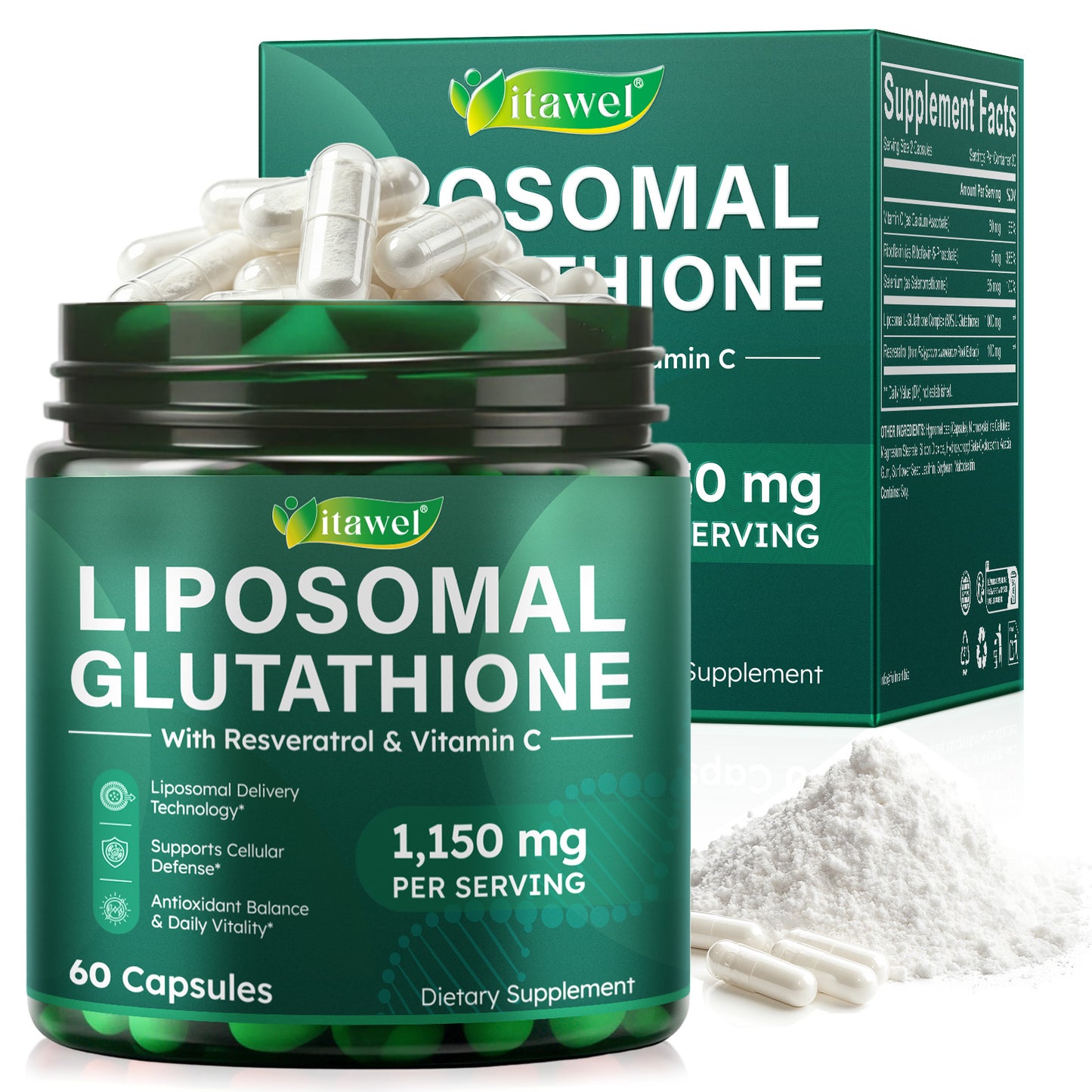 Liposomal Glutathione with Resveratrol & Vitamin C, 1,150 mg per Serving, 60 Capsules, Dietary Supplement