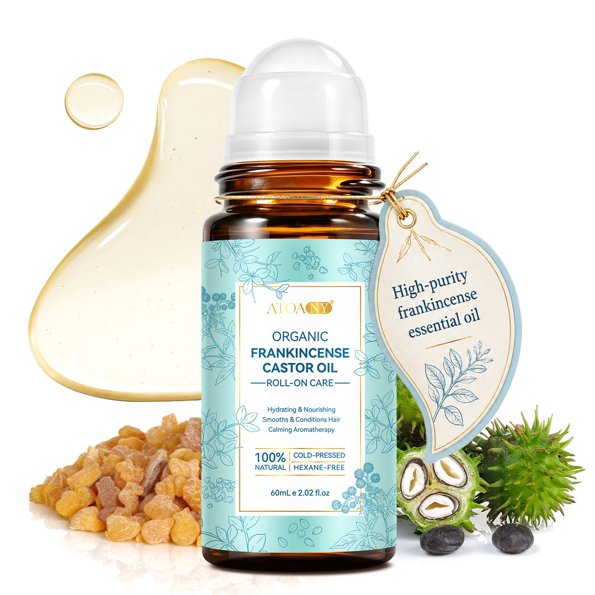 Organic Frankincense Castor Oil Roll-On Care 60mL 100% Cold-Pressed Hexane-Free Hydrating Nourishing Smooths Conditions Hair Calming Aromatherapy