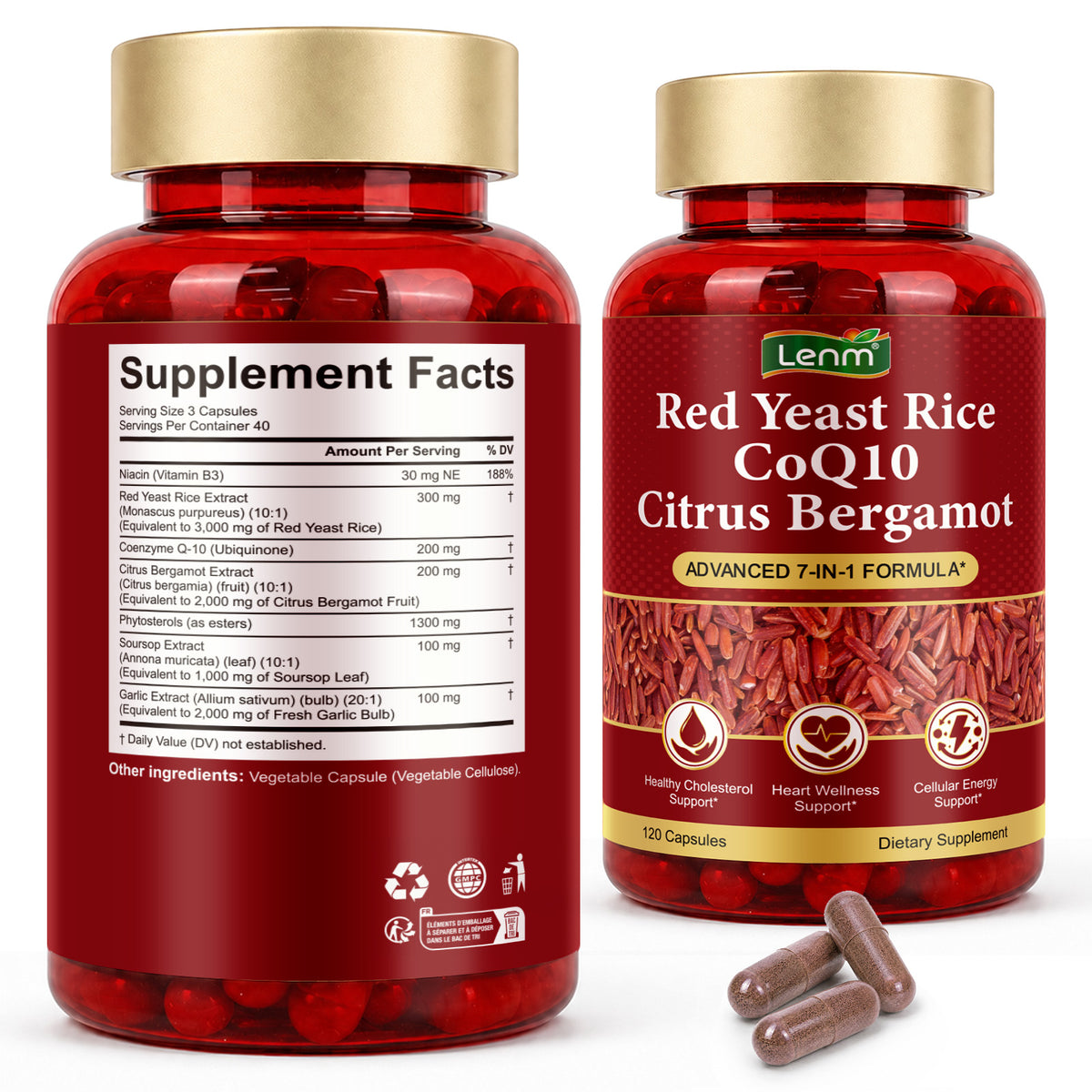 Red Yeast Rice CoQ10 Citrus Bergamot Advanced 7-in-1 Formula 120 Capsules for Healthy Cholesterol Heart Wellness & Cellular Energy Support