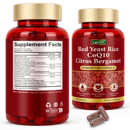 Red Yeast Rice CoQ10 Citrus Bergamot Advanced 7-in-1 Formula 120 Capsules for Healthy Cholesterol Heart Wellness & Cellular Energy Support