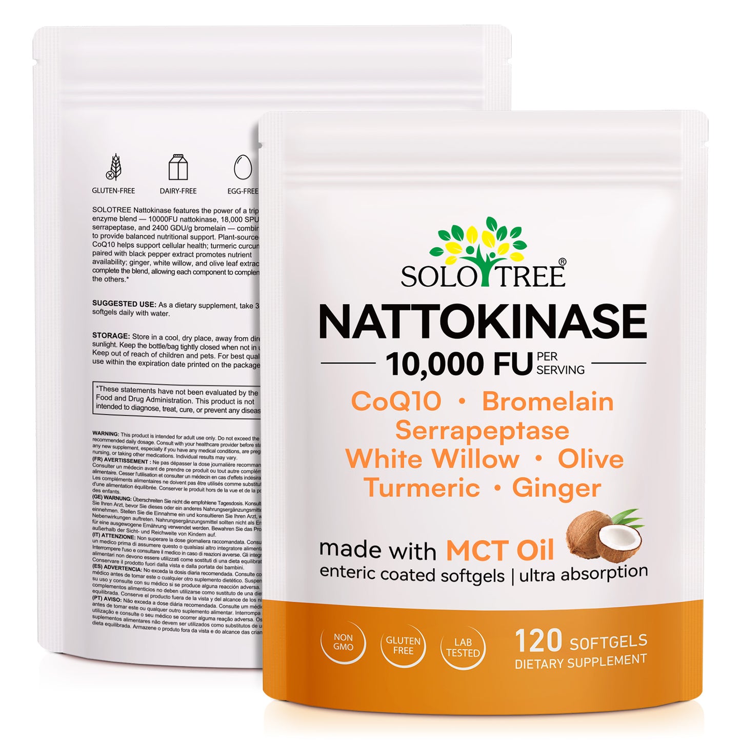 Nattokinase Supplement 10,000 FU, 7-in-1 Formula with CoQ10, Bromelain,Turmeric, Ginger, Olive Leaf &amp; White Willow Bark, MCT Oil Softgels for Bioavailability, 120 Softgels, Non-GMO