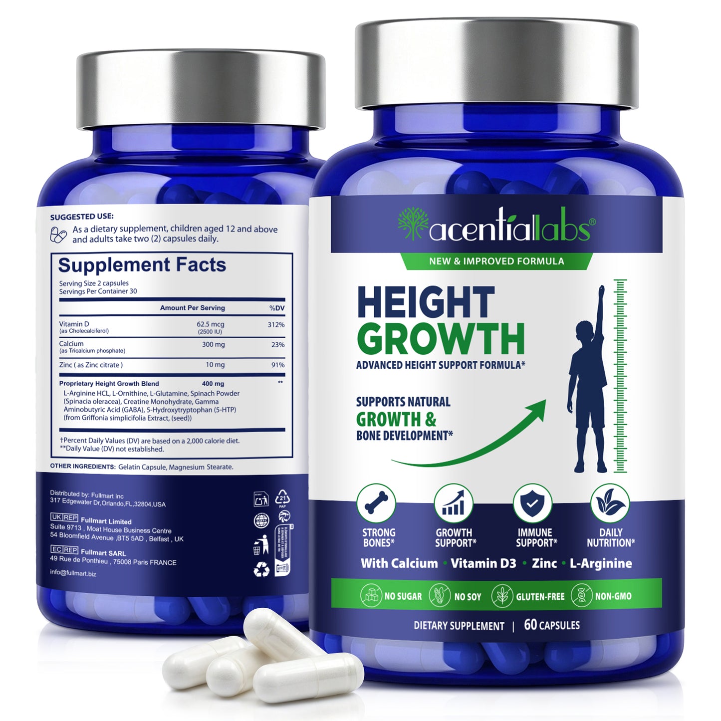Height Growth Advanced Formula with Calcium Vitamin D3 Zinc L-Arginine for Natural Growth & Bone Development 60 Capsules