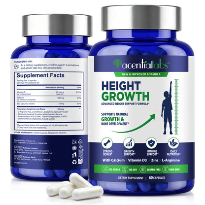 Height Growth Advanced Formula with Calcium Vitamin D3 Zinc L-Arginine for Natural Growth & Bone Development 60 Capsules