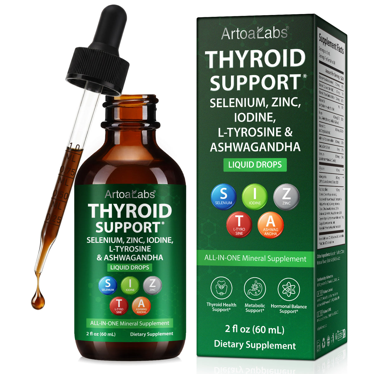 Thyroid Support Liquid Drops with Selenium Zinc Iodine L-Tyrosine & Ashwagandha 2 fl oz 60 mL All-in-One Mineral Supplement