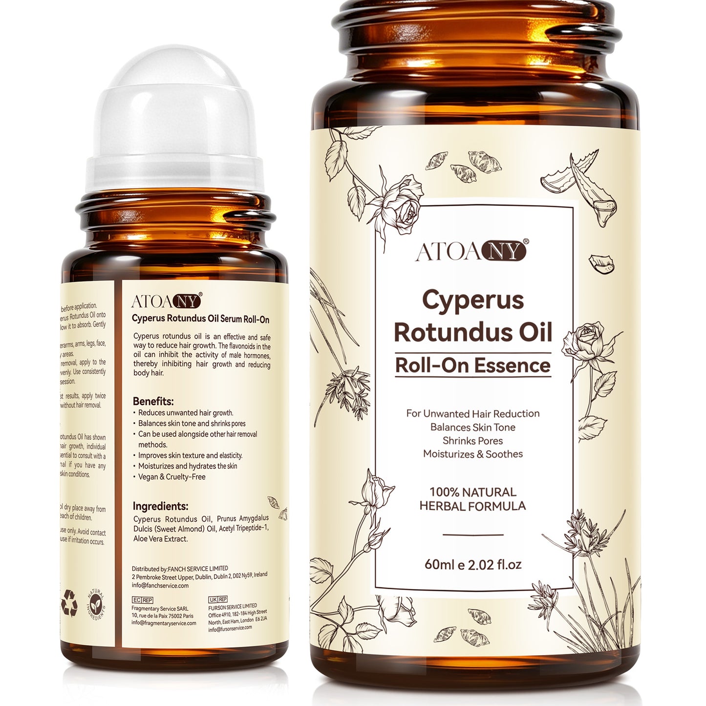 Roll on Cyperus Rotundus Oil Roll-On Essence 60ml 100% Natural Herbal Formula for Hair Reduction & Skin Tone Balance