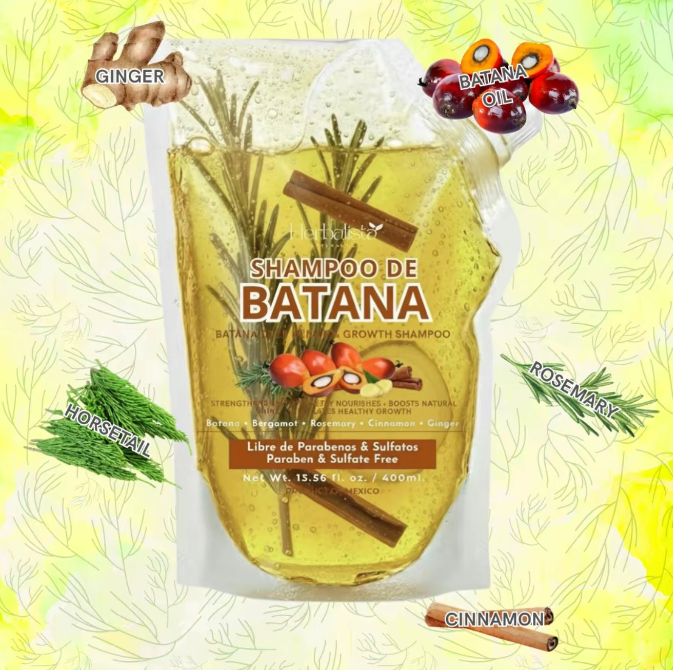 Herbalista  Batana Oil Herbal Shampoo Pouch 400ml (13.5 fl oz) – Shampoo de Aceite Batana With Extracts: Rosemary, Ginger, Horsetail, & Cinnamon. - 100% Natural & Handcrafted.