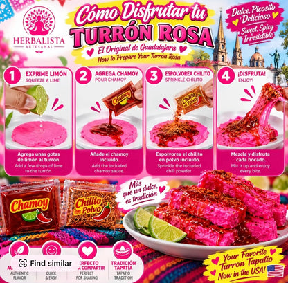 Turron Rosa de Guadalajara Jalisco 4 oz (114 g) – Authentic Mexican Pink Turrón Candy with Chamoy & Chile en Polvo – Dulce Tapatío Estilo Tradicional – Mexican Candy Snack