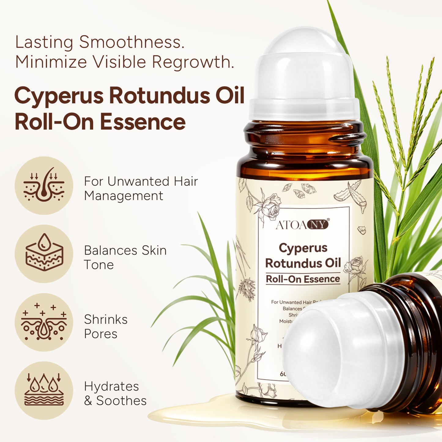 Roll on Cyperus Rotundus Oil Roll-On Essence 60ml 100% Natural Herbal Formula for Hair Reduction & Skin Tone Balance