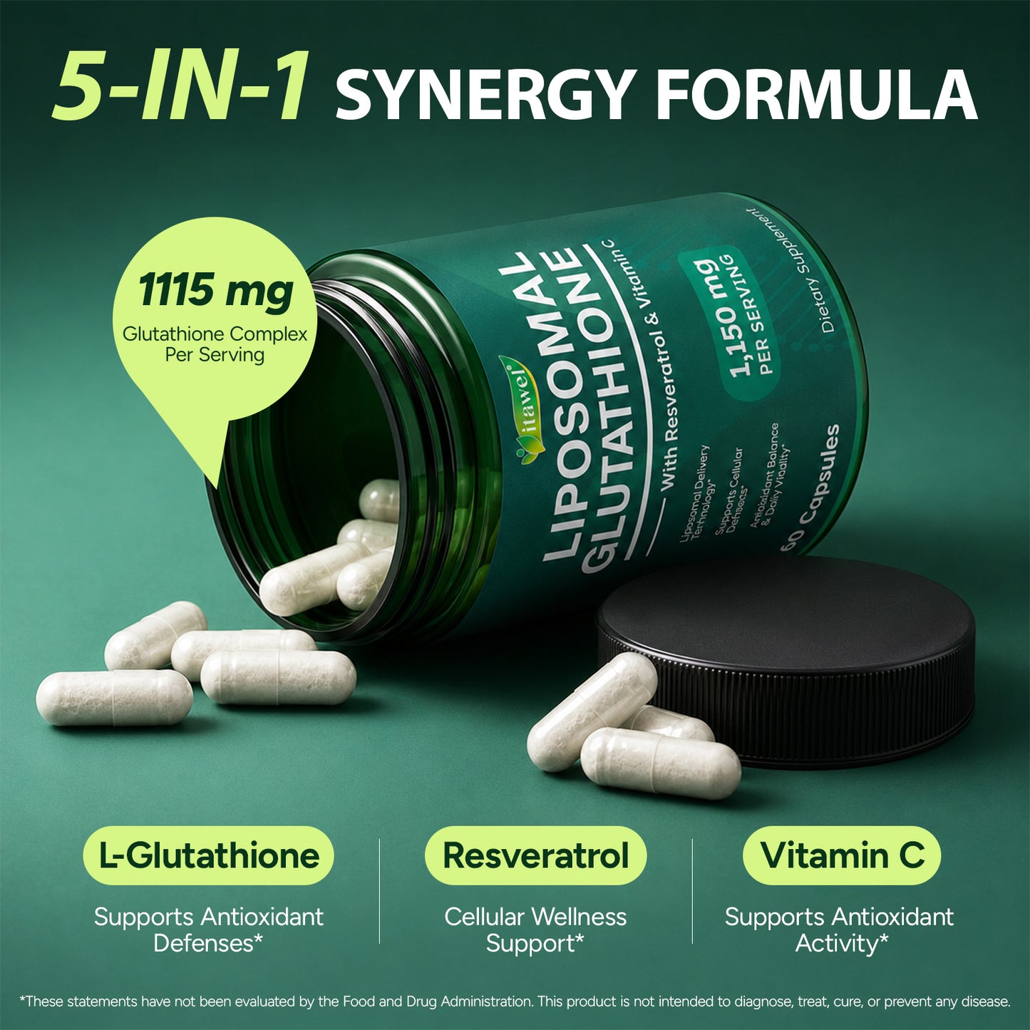 Liposomal Glutathione with Resveratrol & Vitamin C, 1,150 mg per Serving, 60 Capsules, Dietary Supplement