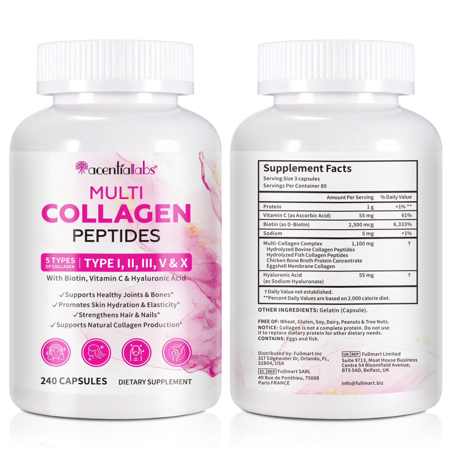 Multi Collagen Peptides Capsules with Biotin, Vitamin C & Hyaluronic Acid – 5 Types Collagen I, II, III, V & X – Supports Skin, Hair, Nails & Joint Health – 240 Capsules Dietary Supplement