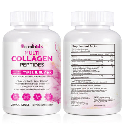 Multi Collagen Peptides Capsules with Biotin, Vitamin C & Hyaluronic Acid – 5 Types Collagen I, II, III, V & X – Supports Skin, Hair, Nails & Joint Health – 240 Capsules Dietary Supplement