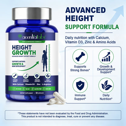 Height Growth Advanced Formula with Calcium Vitamin D3 Zinc L-Arginine for Natural Growth & Bone Development 60 Capsules
