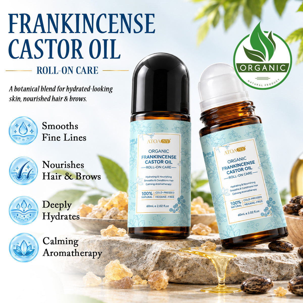 Organic Frankincense Castor Oil Roll-On Care 60mL 100% Cold-Pressed Hexane-Free Hydrating Nourishing Smooths Conditions Hair Calming Aromatherapy