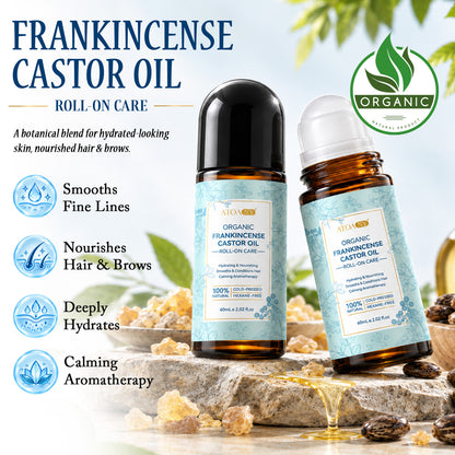 Organic Frankincense Castor Oil Roll-On Care 60mL 100% Cold-Pressed Hexane-Free Hydrating Nourishing Smooths Conditions Hair Calming Aromatherapy