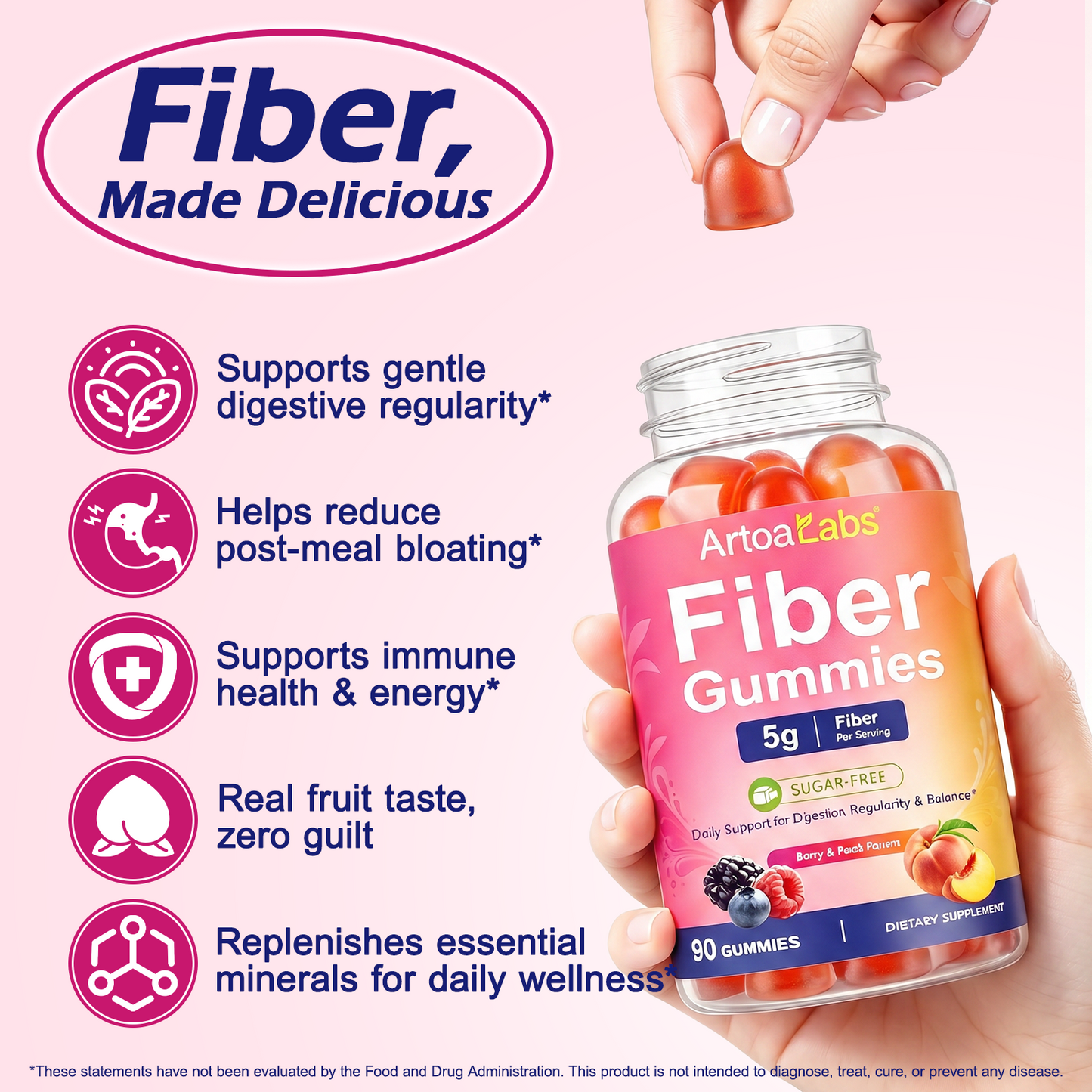 Fiber Gummies 5g Per Serving Sugar-Free Berry & Peach Flavors 90 Gummies for Digestion Regularity & Balance