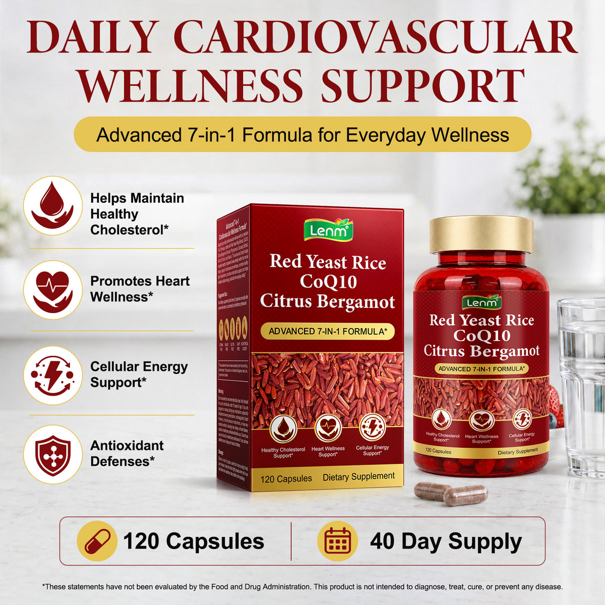Red Yeast Rice CoQ10 Citrus Bergamot Advanced 7-in-1 Formula 120 Capsules for Healthy Cholesterol Heart Wellness & Cellular Energy Support