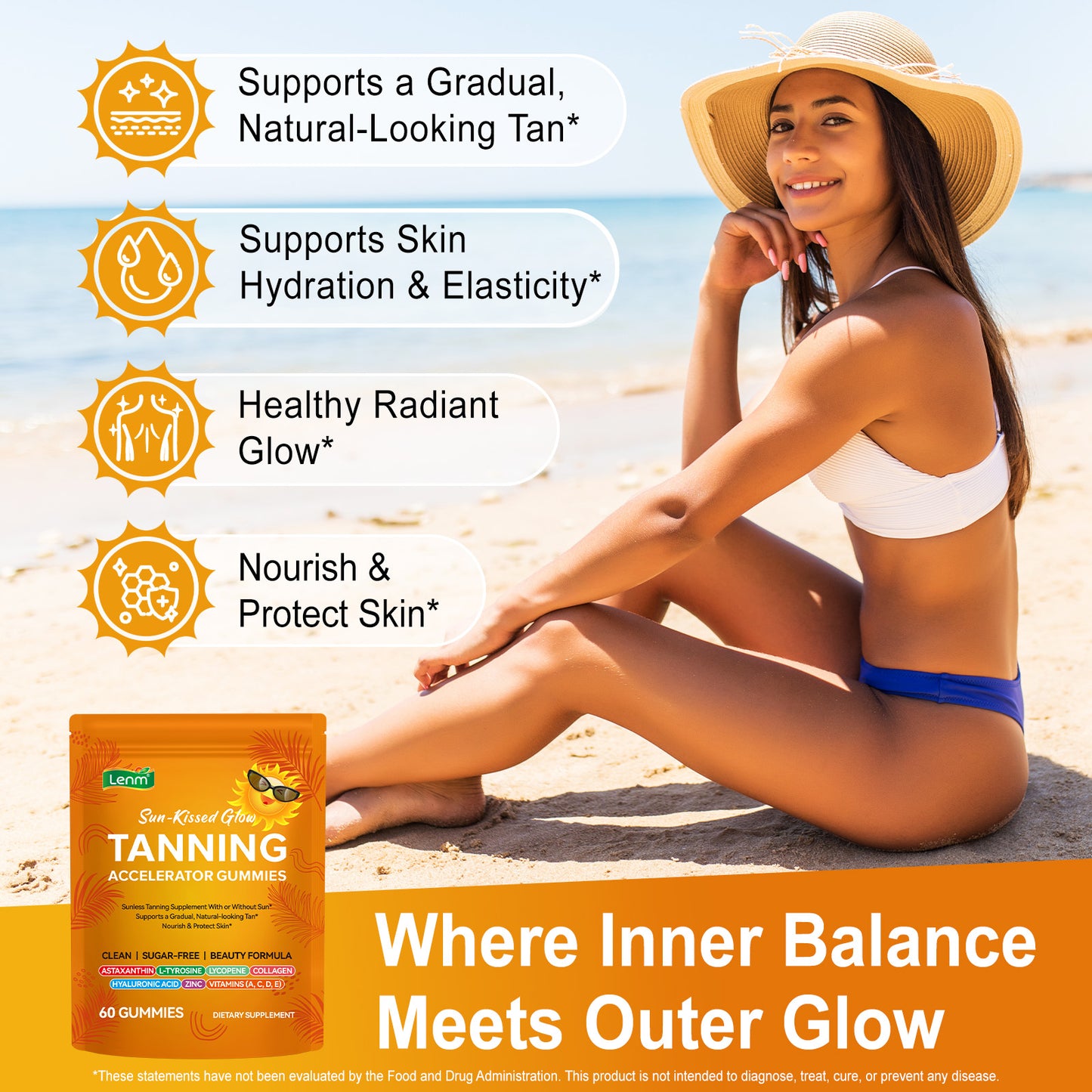 Tanning Gummies Accelerator - Sunless Tanning Supplement for a Natural Golden Glow, Sugar Free Melanin Booster with Astaxanthin, L-Tyrosine, Collagen & Vitamins for Women and Men