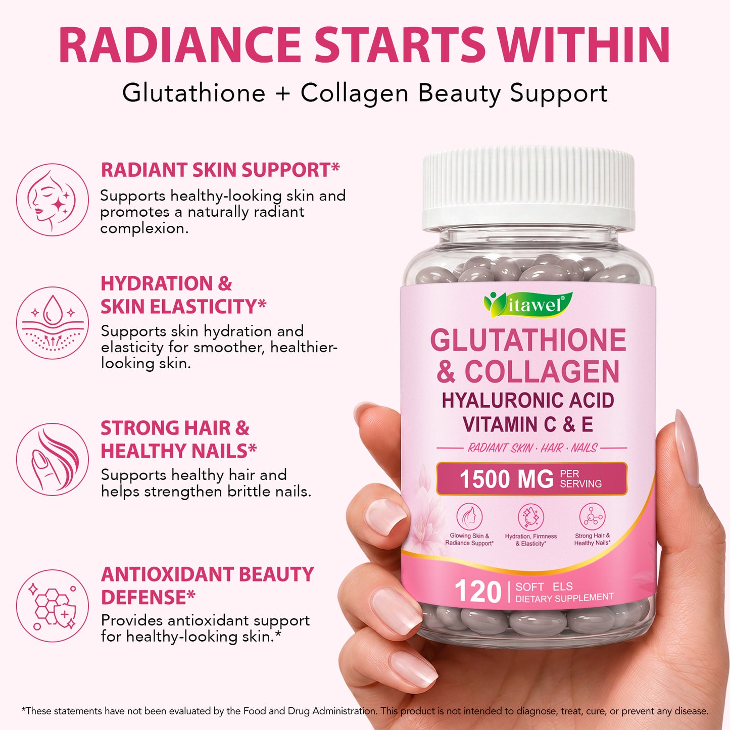 Glutathione & Collagen Hyaluronic Acid Vitamin C E 1500 MG Per Serving 120 Soft Gels for Radiant Skin Hair Nails