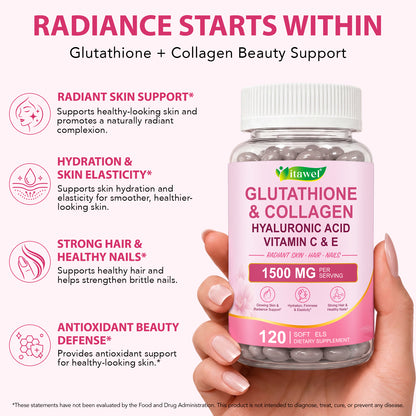 Glutathione & Collagen Hyaluronic Acid Vitamin C E 1500 MG Per Serving 120 Soft Gels for Radiant Skin Hair Nails